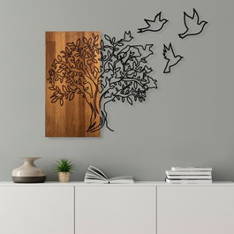 Wallity Tree And Birds 1 - Escultura de Pared de Madera y Metal
